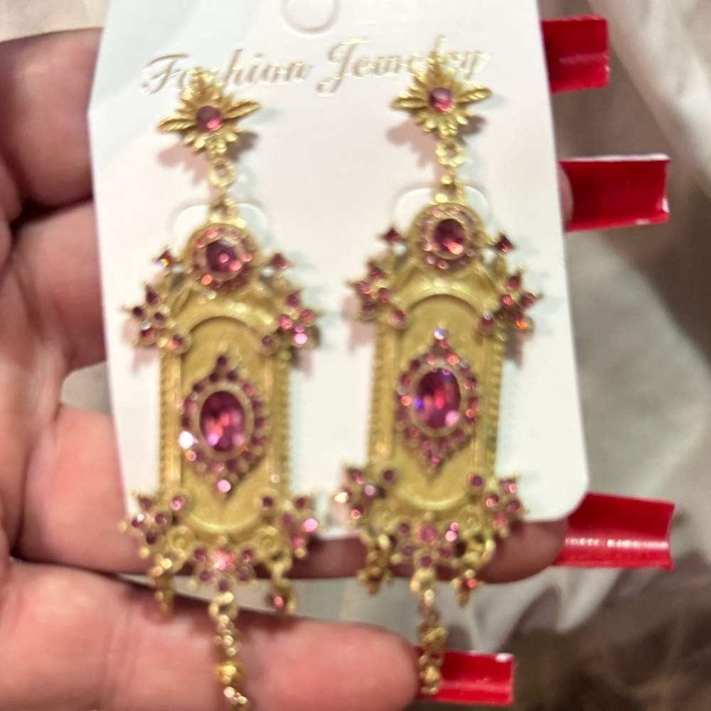 Ornate vintage Gold and Pink Drop Earrings